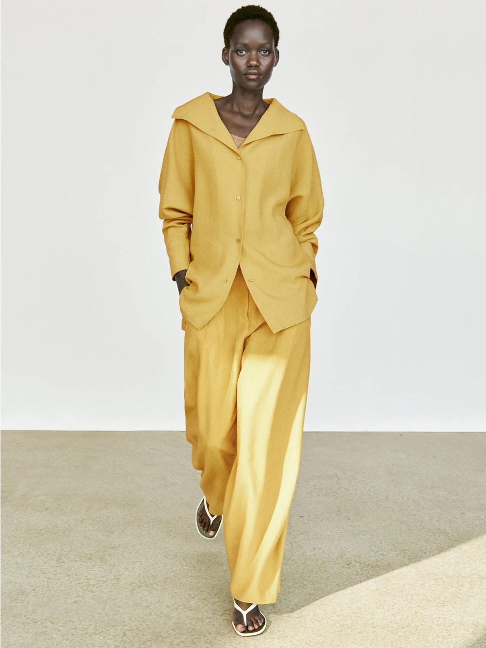 Massimo Dutti Flowy Linen Mustard Relaxed Shirt & Wide-Leg Pants Set